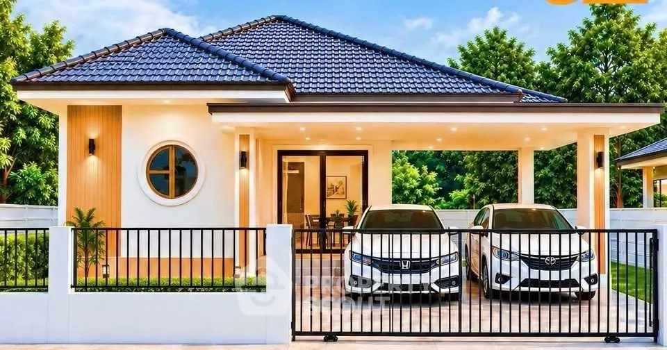 Modern single-story house with two-car garage and stylish exterior design.