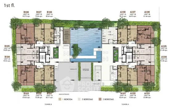 First floor plan of a modern residential complex with pool and garden.