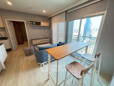 Modern living room with city view and stylish furniture