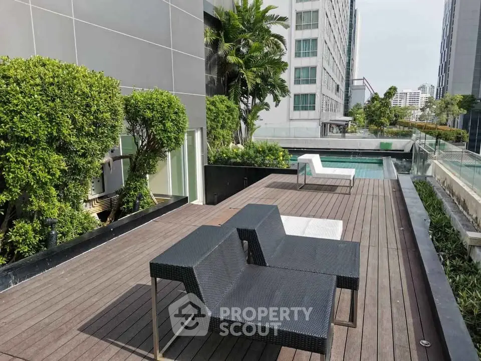 Modern rooftop terrace with stylish seating and pool in urban setting