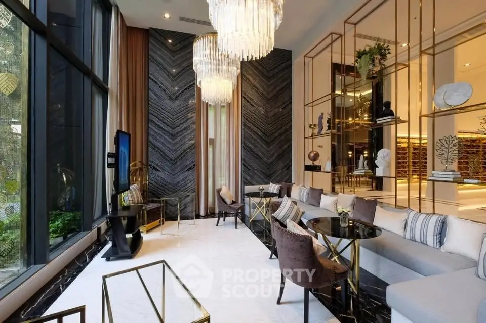 Luxurious modern living room with elegant decor and floor-to-ceiling windows