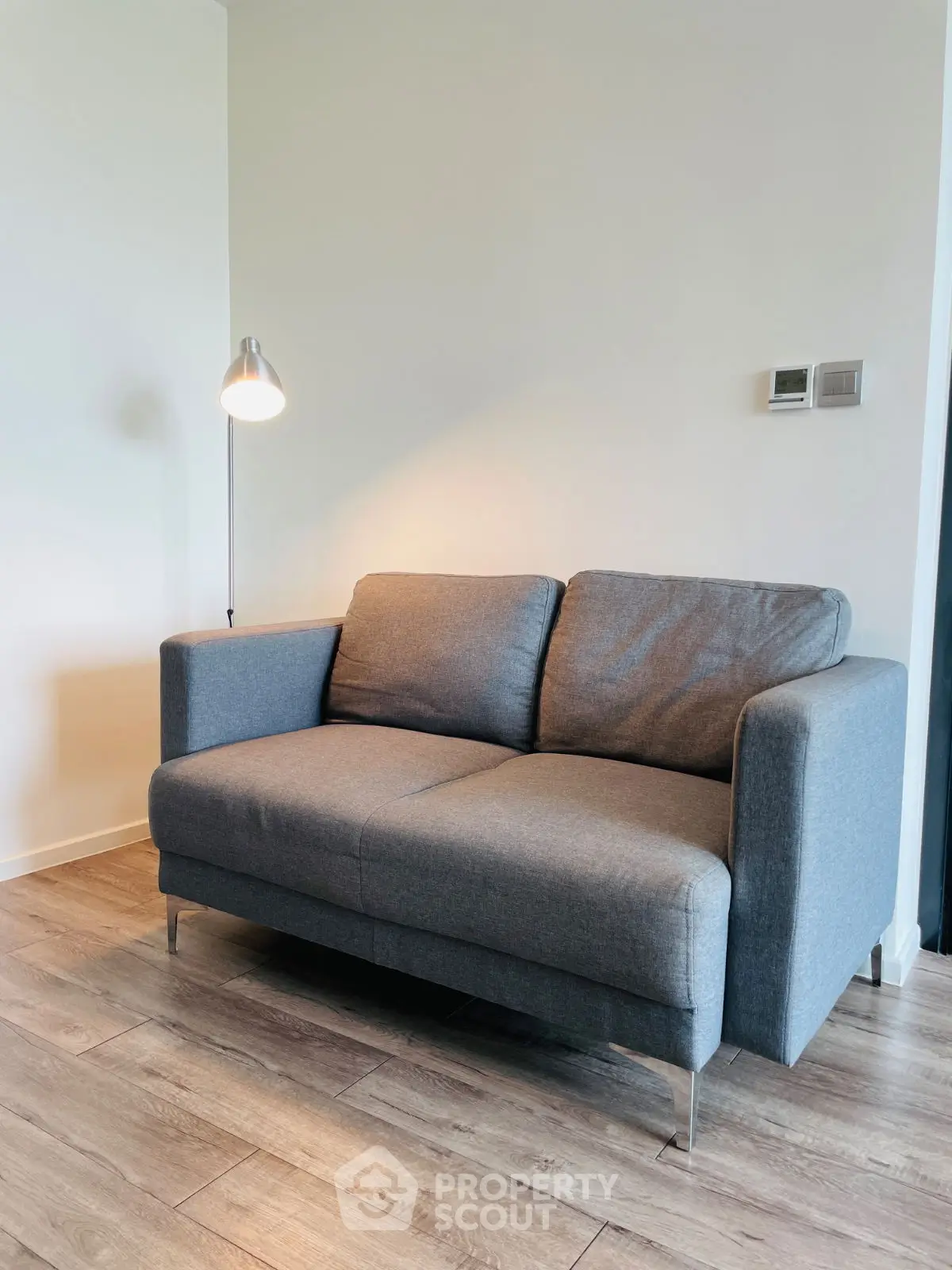 Modern living room with stylish gray sofa and floor lamp