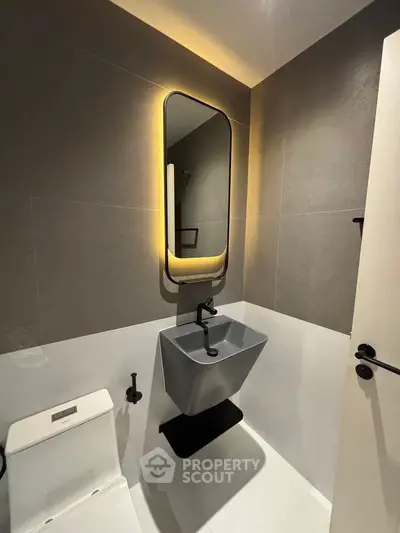 Modern bathroom with sleek design and illuminated mirror