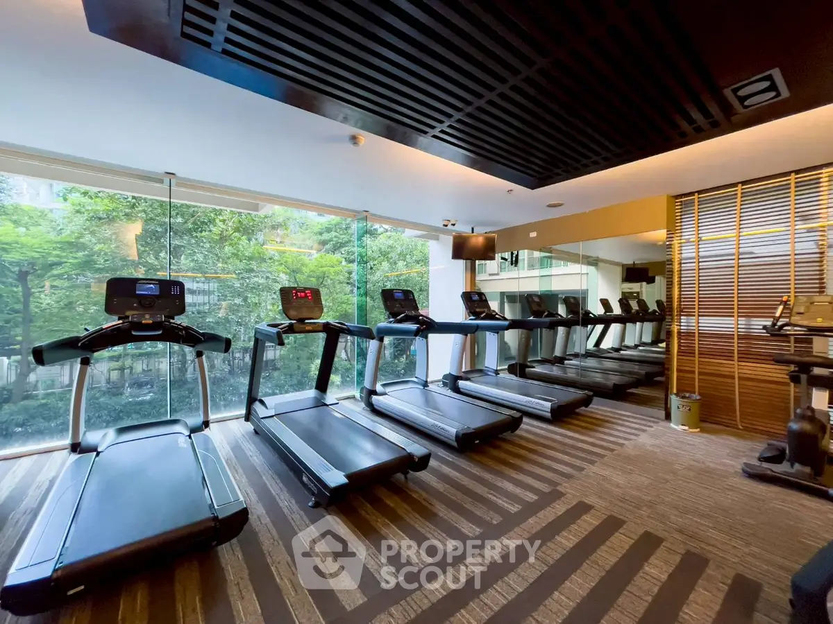 Modern gym with treadmills and large windows offering a scenic view of greenery.