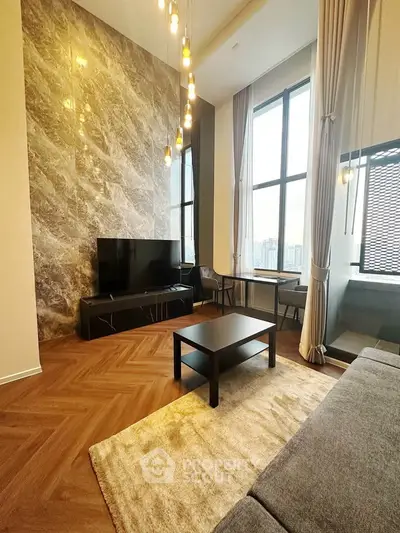 Luxurious high-ceiling living room with modern decor and large windows offering stunning city views.