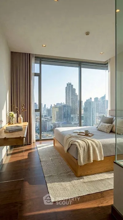 Luxurious bedroom with stunning city view and modern decor