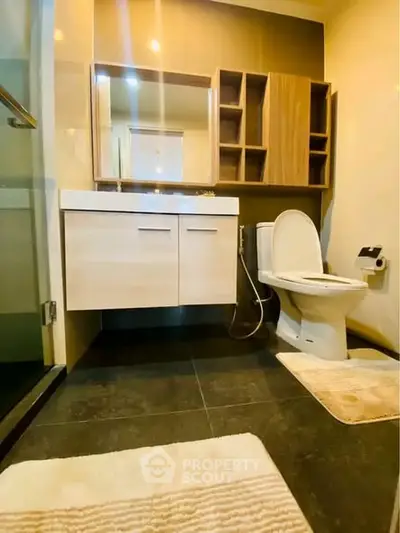 Modern bathroom with sleek fixtures and elegant design, featuring a spacious vanity and contemporary toilet.