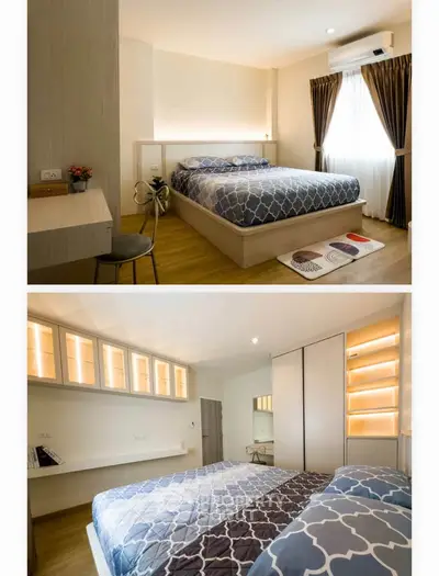 Modern bedroom with stylish decor and ample natural light, featuring a cozy bed and elegant furnishings.