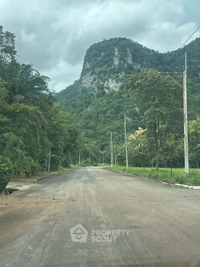 Scenic road with lush greenery and mountain view, perfect for tranquil living.