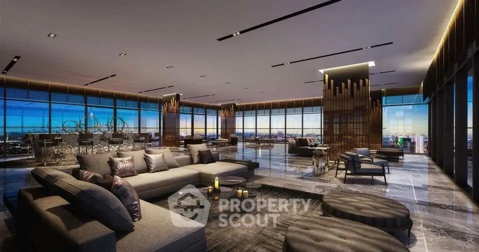 Luxurious modern living room with panoramic city views and elegant furnishings.