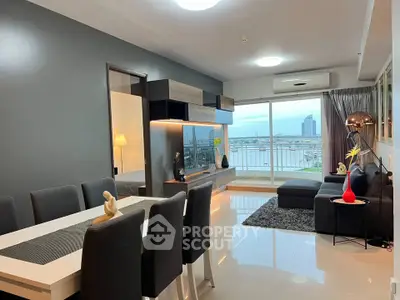 Modern living room with stunning city view and elegant decor