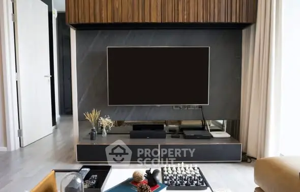 Modern living room with sleek TV setup and stylish decor