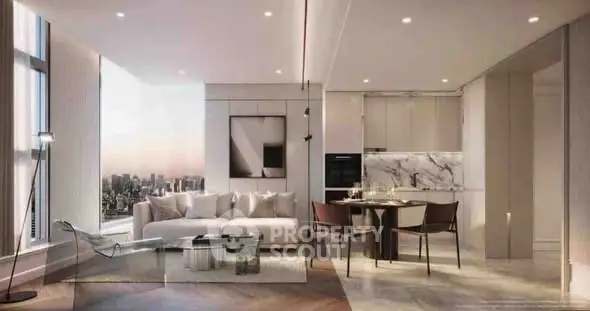 Luxurious modern living room with stunning city view and elegant open kitchen.