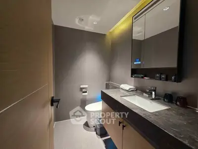 Modern bathroom with sleek design and elegant fixtures, featuring a spacious vanity and contemporary lighting.