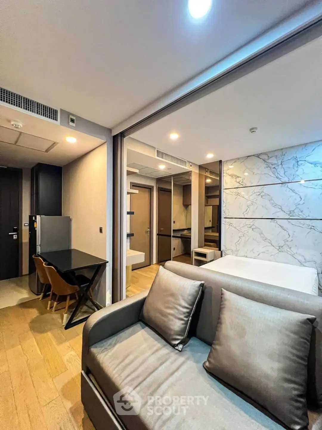 Modern studio apartment with stylish decor and open layout