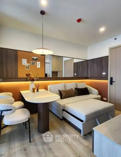 Modern living room with stylish furniture and ambient lighting