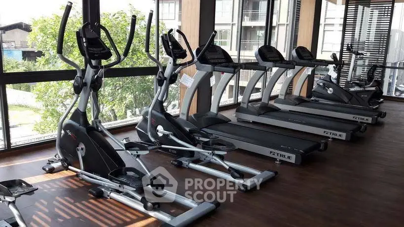 Modern gym with state-of-the-art exercise equipment and large windows offering natural light.