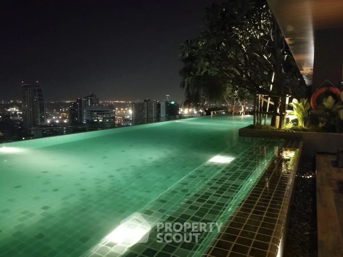 Luxurious rooftop infinity pool with stunning city skyline view at night