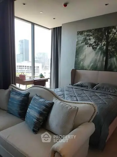 Luxurious bedroom with city view and elegant decor