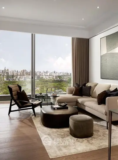 Luxurious living room with panoramic city view, elegant furniture, and modern decor.