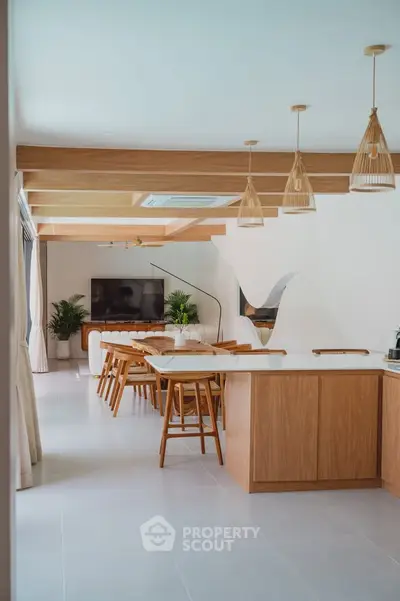 Spacious modern living room with open kitchen, wooden accents, and stylish lighting.