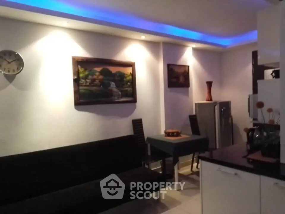 Modern living room with ambient lighting and stylish decor