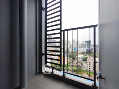 Modern balcony with city view in high-rise apartment