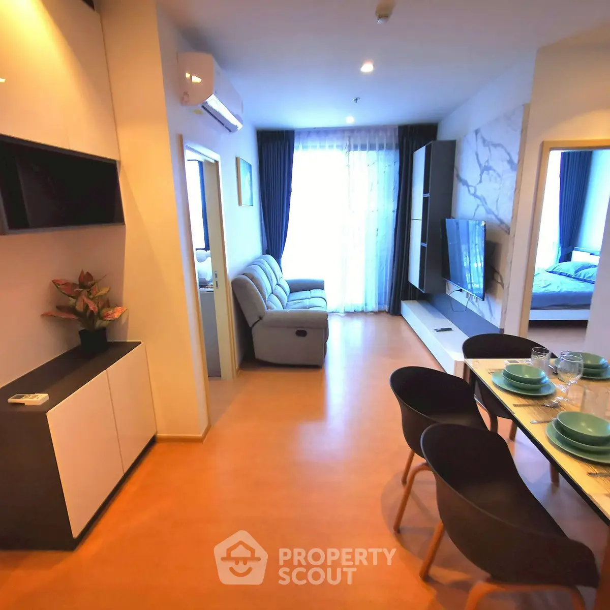 Modern living room with dining area and stylish decor