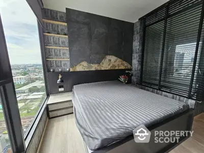 Modern bedroom with panoramic city view and stylish decor