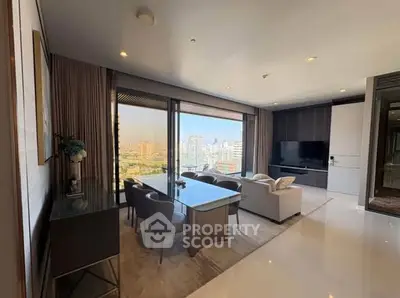 Luxurious living room with stunning city view and modern furnishings.