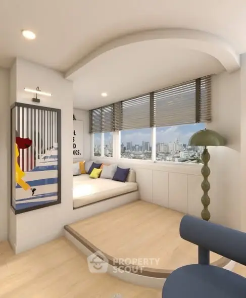 Modern living room with city view, cozy seating, and stylish decor.