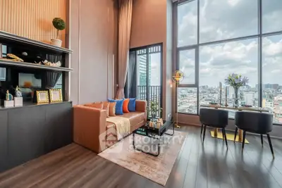 Luxurious high-rise living room with floor-to-ceiling windows and stunning city views.