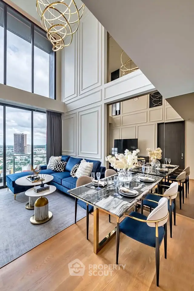 Luxurious modern living room with high ceilings and elegant dining area, featuring stunning city views.