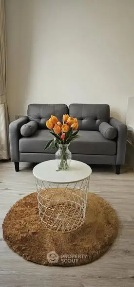 Cozy living room with stylish gray sofa and elegant round coffee table.
