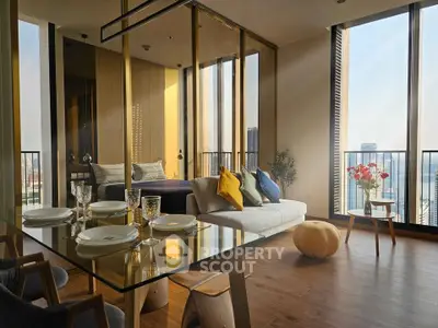 Luxurious modern living room with panoramic city views and elegant decor