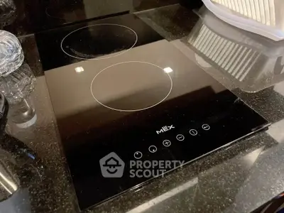 Modern kitchen with sleek black electric cooktop and glossy countertop.