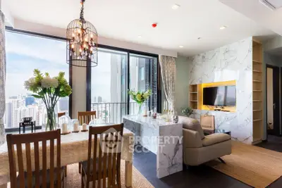 Luxurious modern living room with city view and elegant dining area