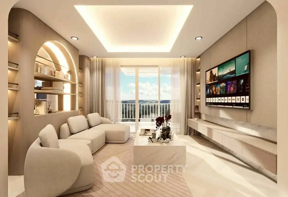 Luxurious modern living room with elegant decor and stunning balcony view.