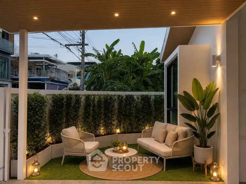 Charming outdoor patio with cozy seating and lush greenery, perfect for relaxation and entertaining.