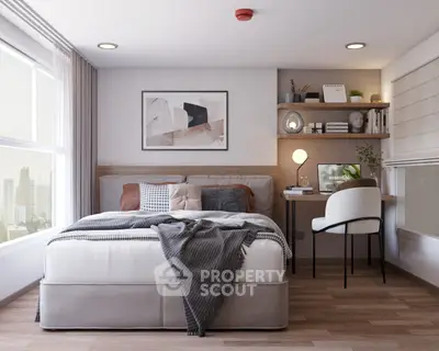 Modern bedroom with stylish decor and cozy workspace