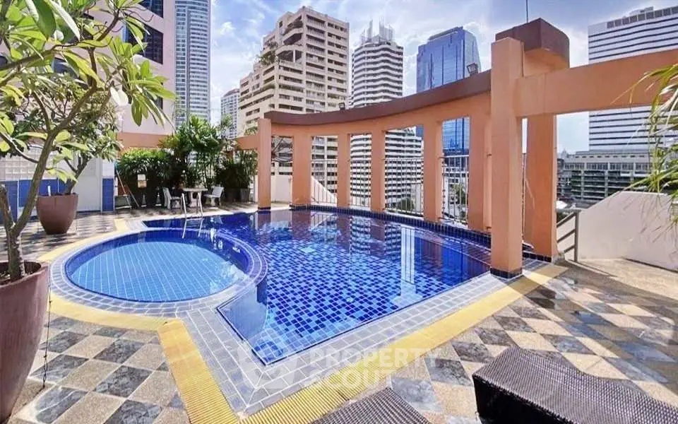 Luxurious rooftop pool with stunning city views in a high-rise building.