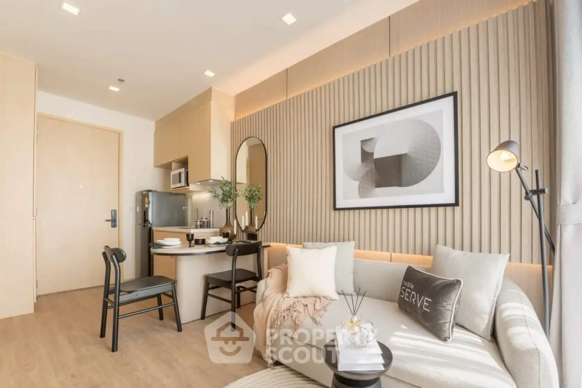 Modern living room with stylish decor and open kitchen layout