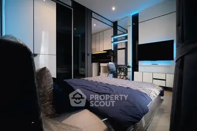 Modern bedroom with sleek design and ambient lighting