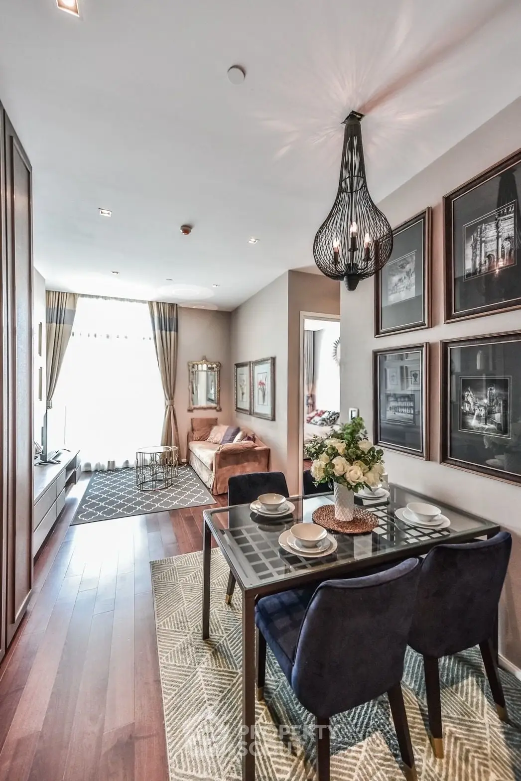 Stylish modern living room with elegant dining area and chic decor