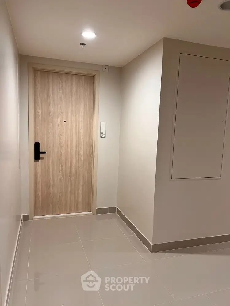 Modern apartment entrance with sleek wooden door and minimalist hallway design.