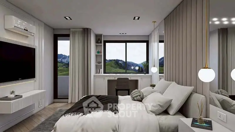Luxurious modern bedroom with mountain view and stylish decor
