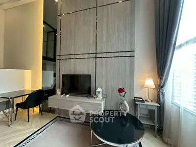 Modern living room with stylish decor and large window view