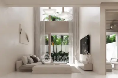 Luxurious modern living room with high ceilings and garden view