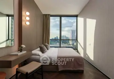 Luxurious bedroom with stunning city view and modern decor