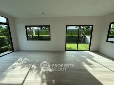 Spacious modern living room with large windows and garden view